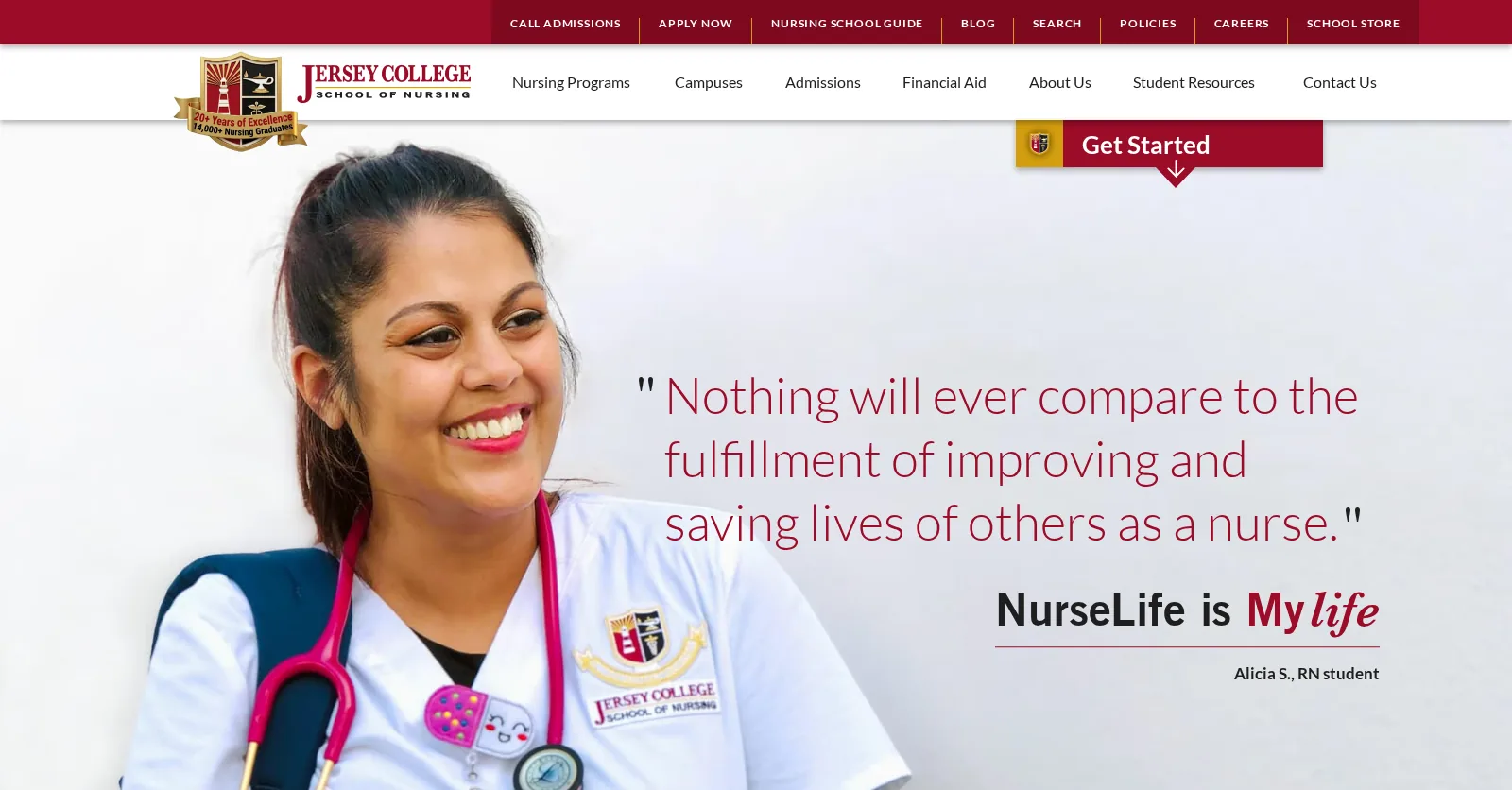 Jersey College homepage hero: a smiling nursing student beside a student quote and the NurseLife is My life tagline, under the main navigation