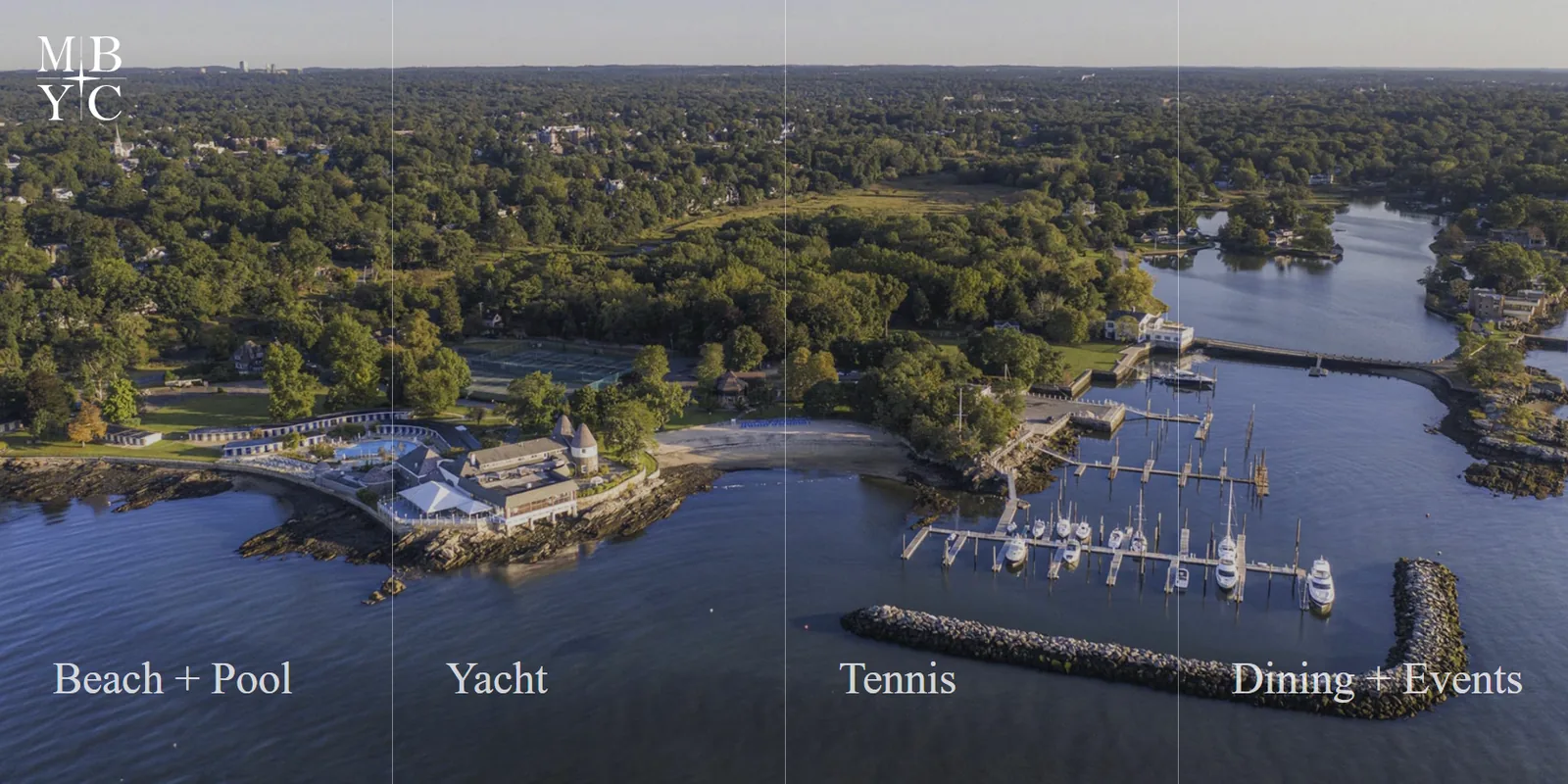 Mamaroneck Beach and Yacht Club landing page: an aerial view of the club split into four navigation panels, Beach + Pool, Yacht, Tennis, and Dining + Events