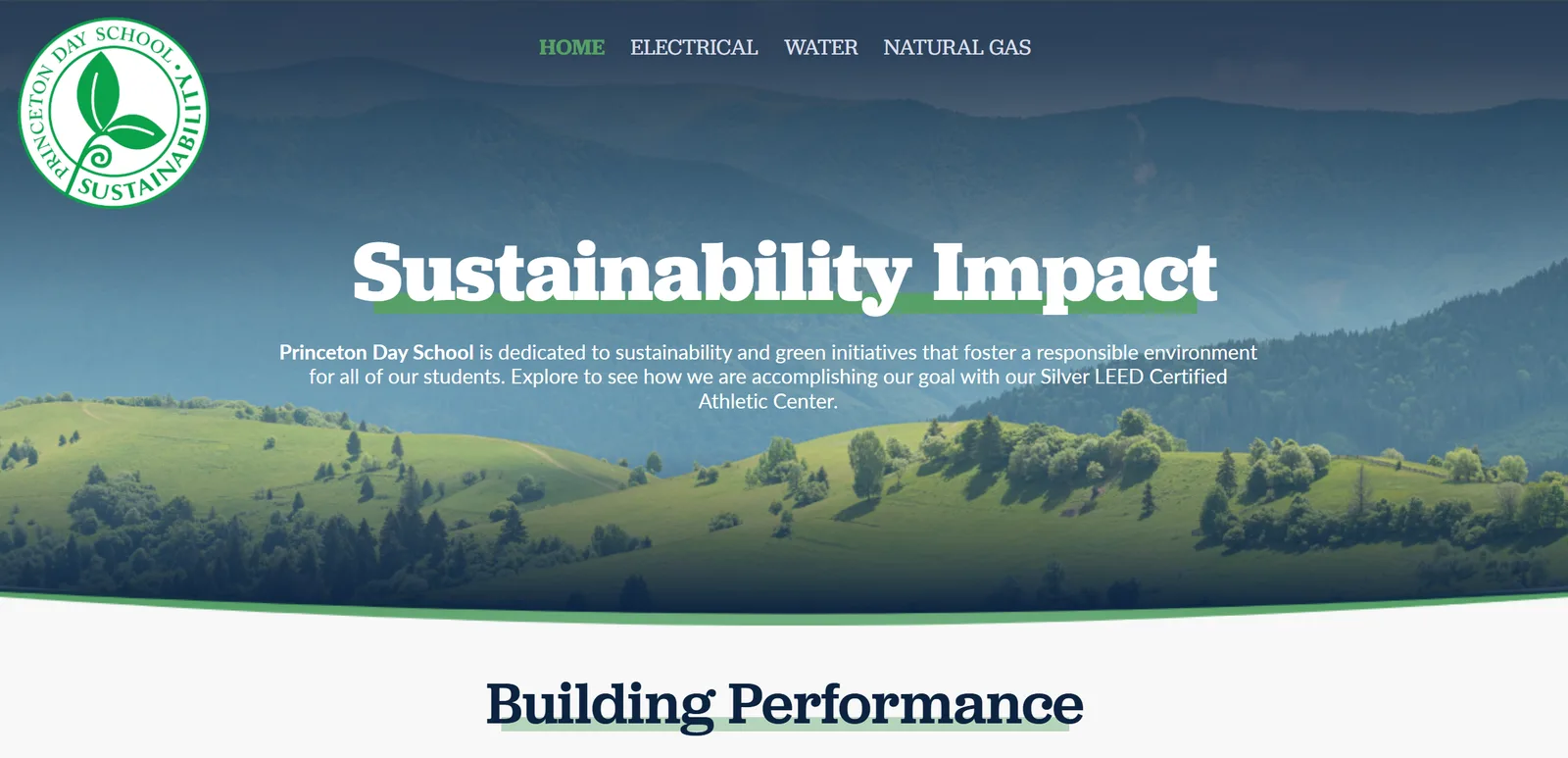 Sustainability Impact landing page: the title over green hills and mountains, with the Silver LEED mission intro