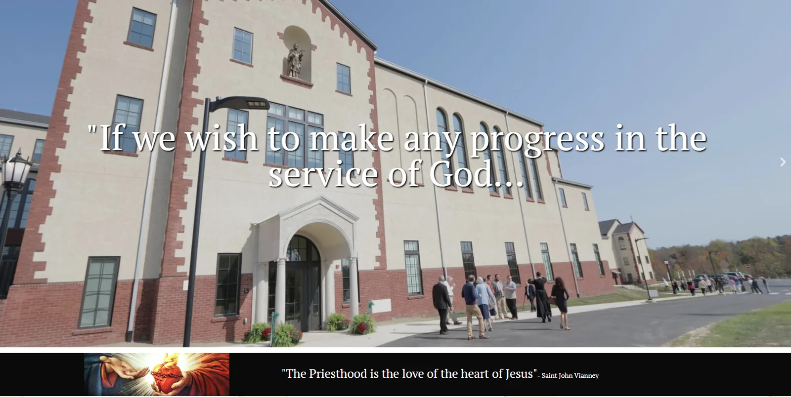 Saint Charles Borromeo Seminary homepage hero: the seminary building with a quote overlaid, above a Saint John Vianney quote band