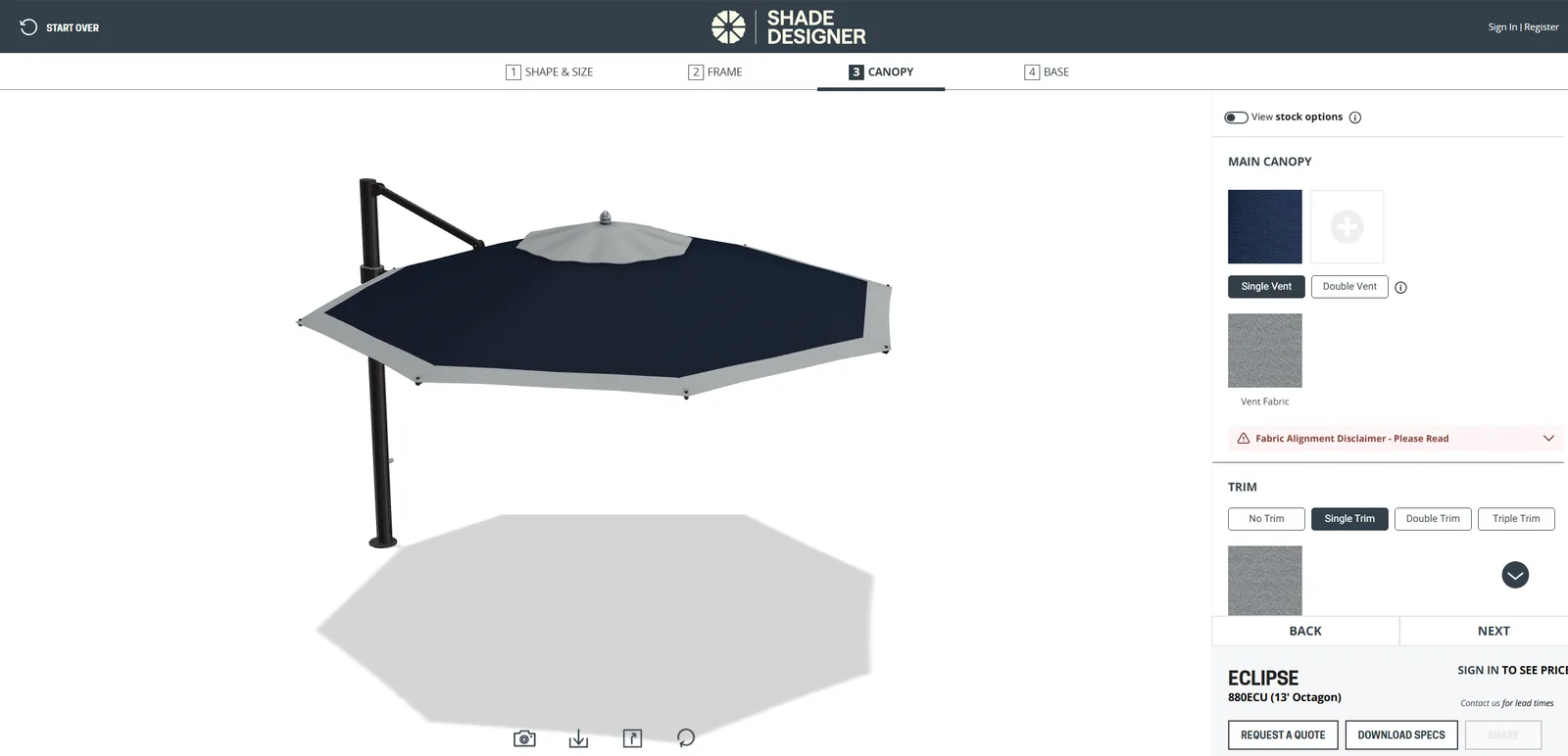 Frankford Shade Designer: the Eclipse umbrella in the live 3D configurator