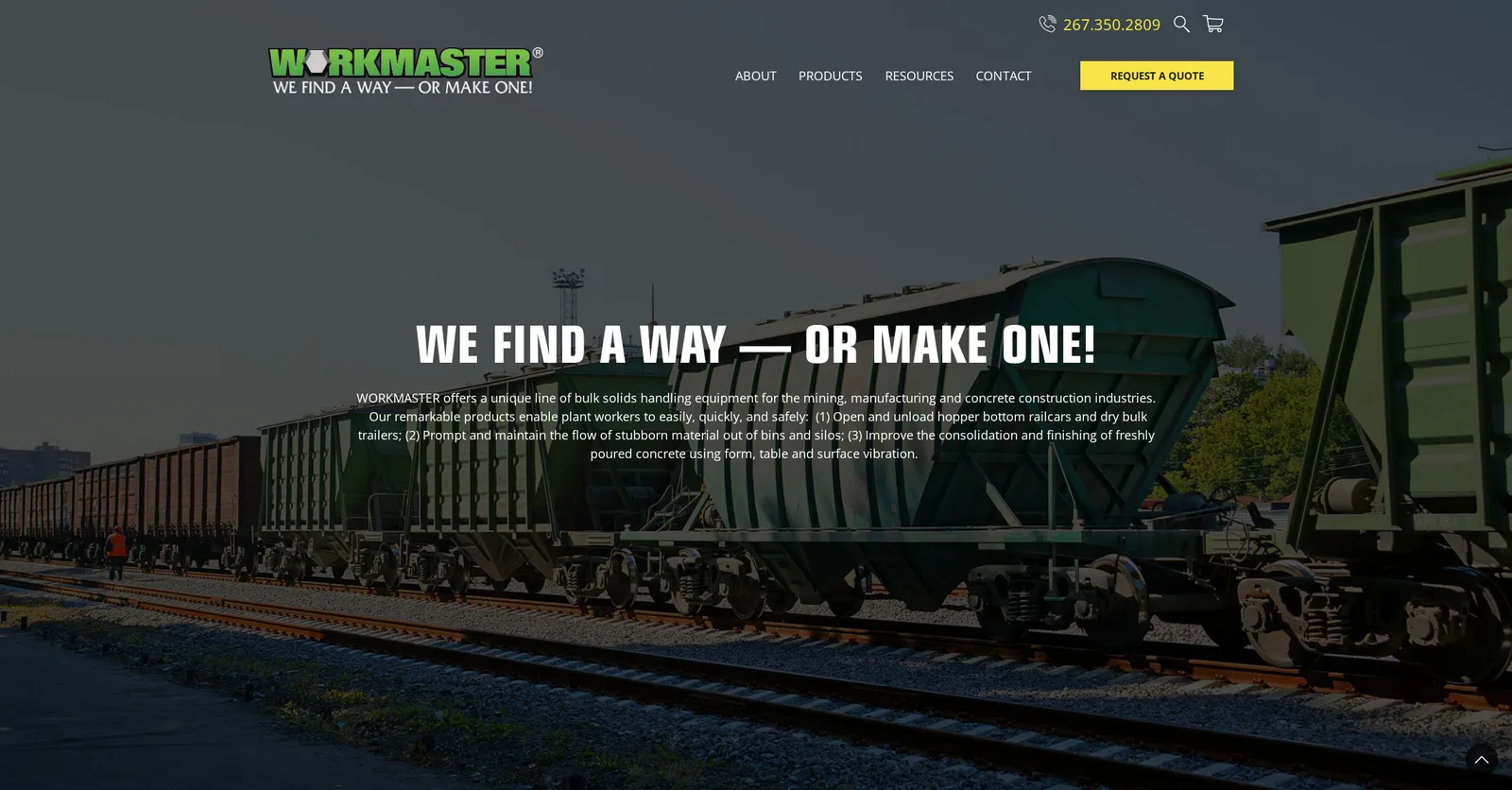 Workmaster homepage: We Find A Way Or Make One, over railcar imagery