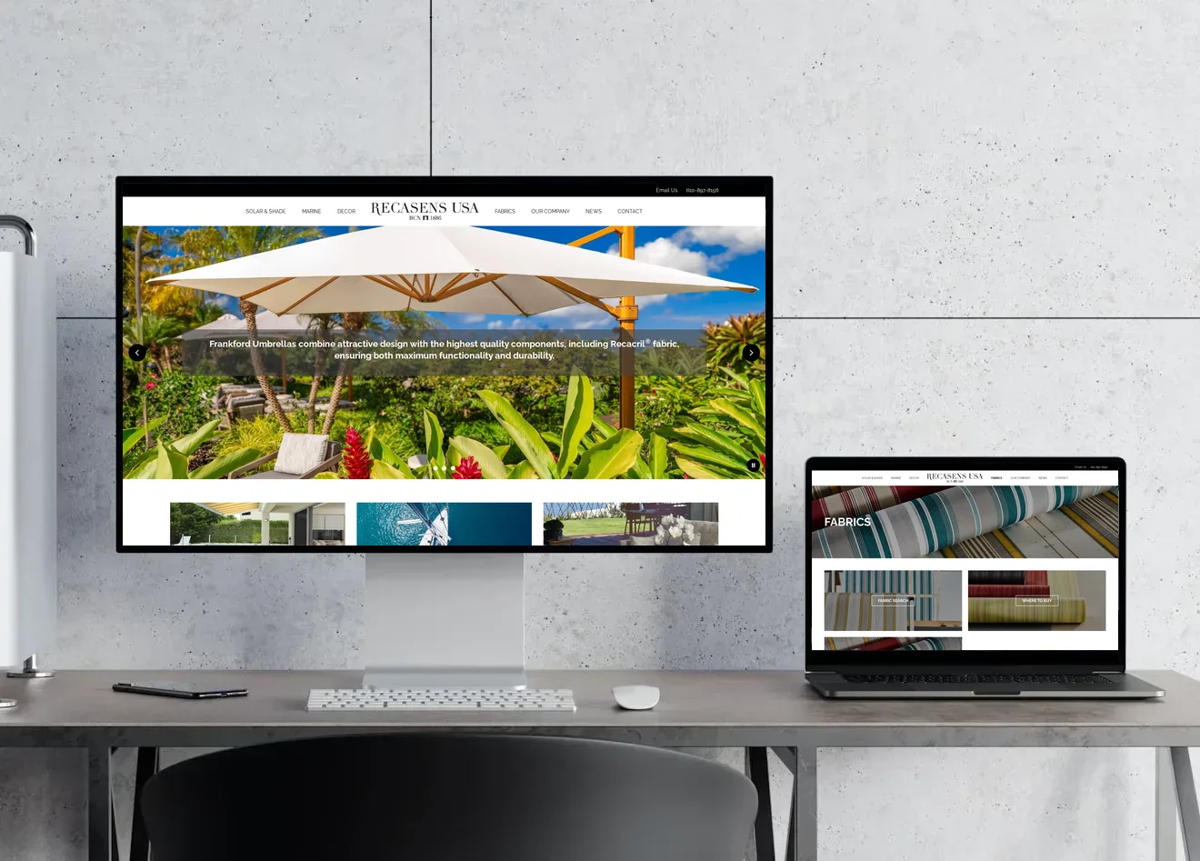 Recasens USA website shown on a desktop monitor and laptop on a desk