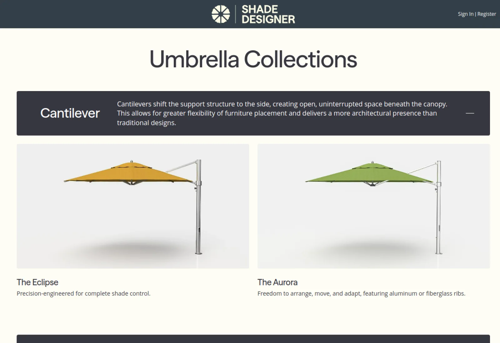 Frankford Shade Designer umbrella configurator web app